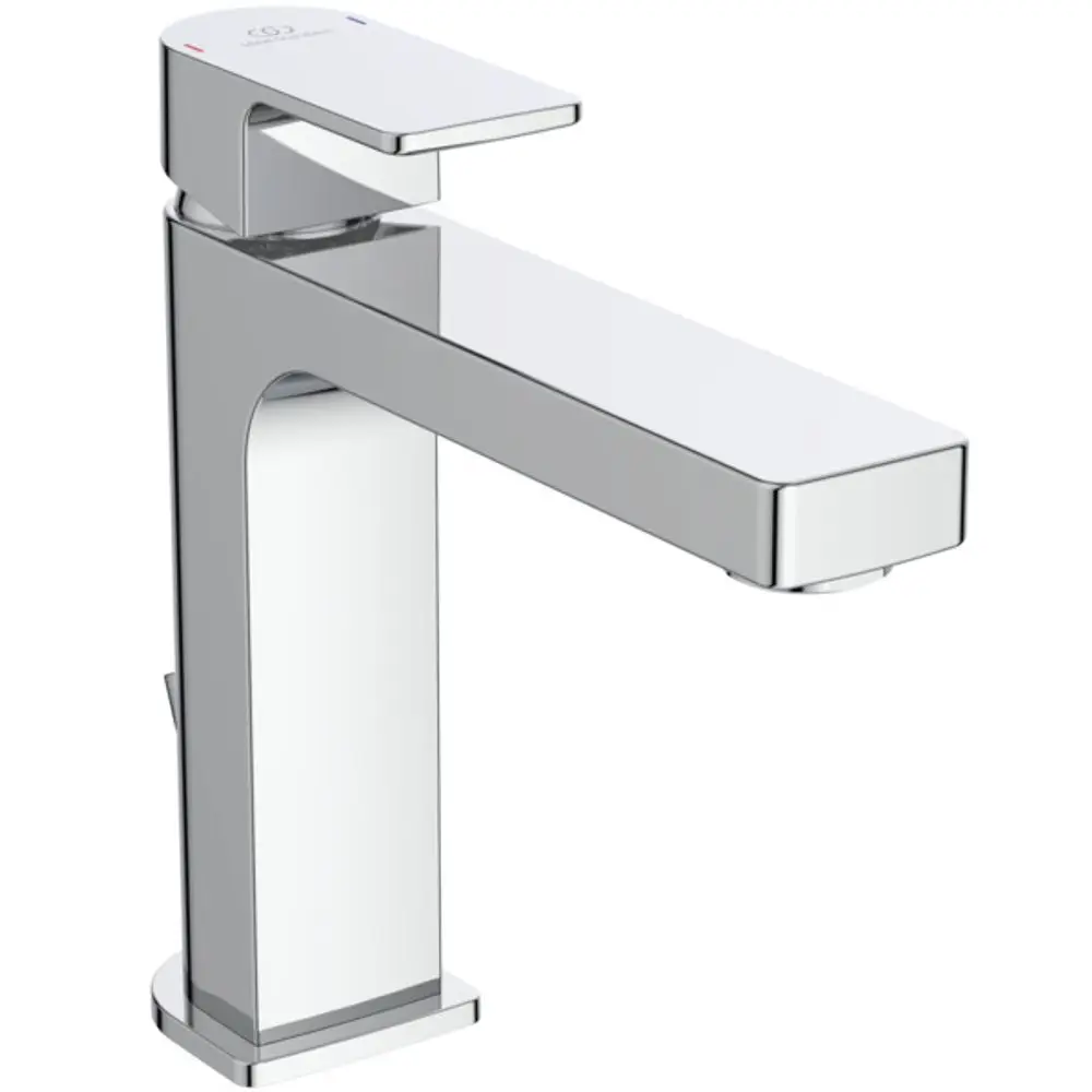Waschtischarmatur aus Chrom von Ideal Standard mit einem flachen, rechteckigen Auslauf und einem Hebel zum Einstellen des Wasserdrucks und der Temperatur.